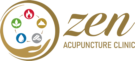 Zen Acupuncture Clinic logo depicting caring hands encircling the five elements of traditional Chinese medicine: wood, fire, earth, water, and metal